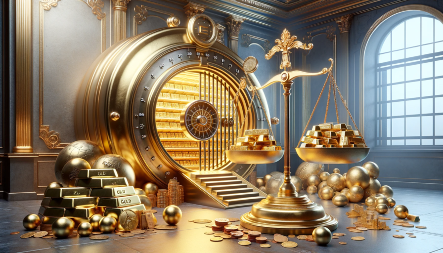 DALLE 2024 01 08 11.06.12  A conceptual image depicting the preservation of value in gold. The scene shows  a large gleaming gold vault with its door open revealing stacks of 