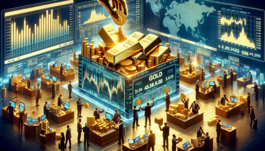 DALLE 2024 01 08 11.07.31  A conceptual image illustrating liquidity in gold. The scene depicts  a dynamic marketplace with people of various descents and genders engaging in th